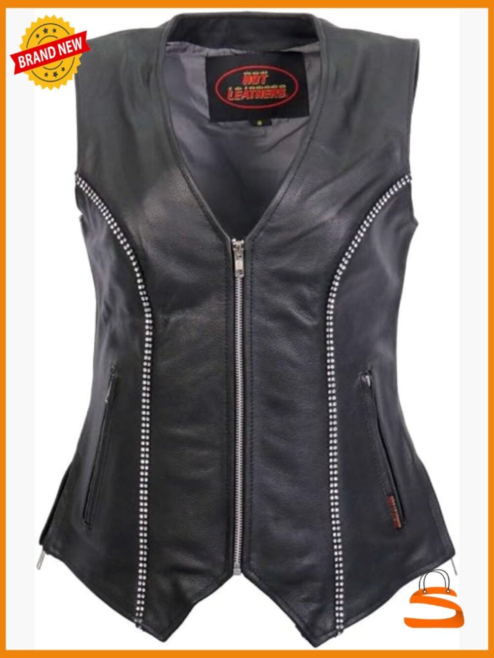 Premium Rhinestone Leather Motorcycle Vest, Sleeveless, Top-Grain Cowhide